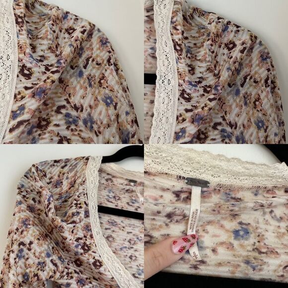 Free People cream and floral clasp front top w tie in front and bell sleeves - Picture 8 of 12